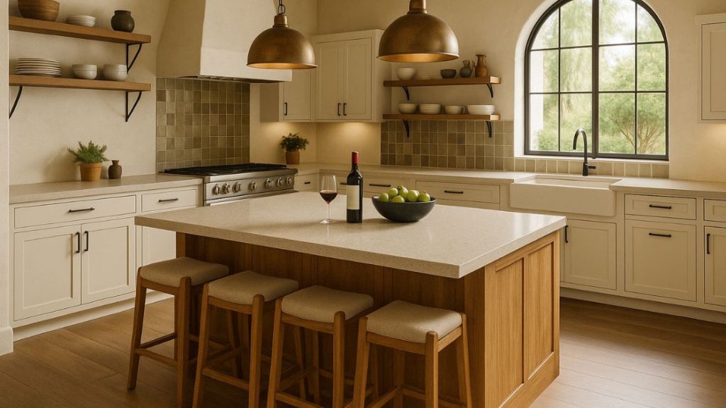 Rustic Temecula wine country kitchen with arched window, wood beams, and central island in warm natural tones.
