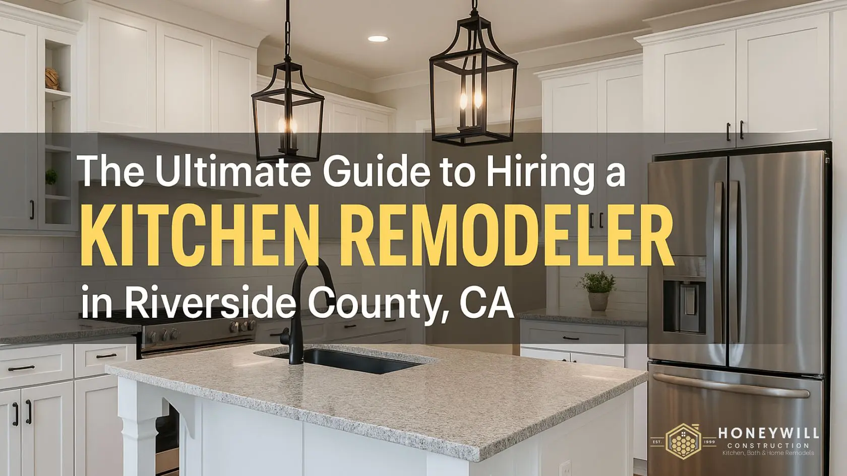 Modern white kitchen with pendant lighting and stainless steel appliances in Riverside County by Honeywill Construction