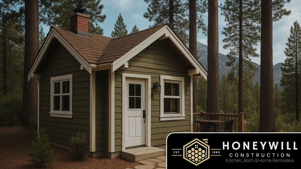 Charming Junior ADU cabin in Idyllwild, CA surrounded by pine trees, designed by Honeywill Construction. Built in ADU Regulations