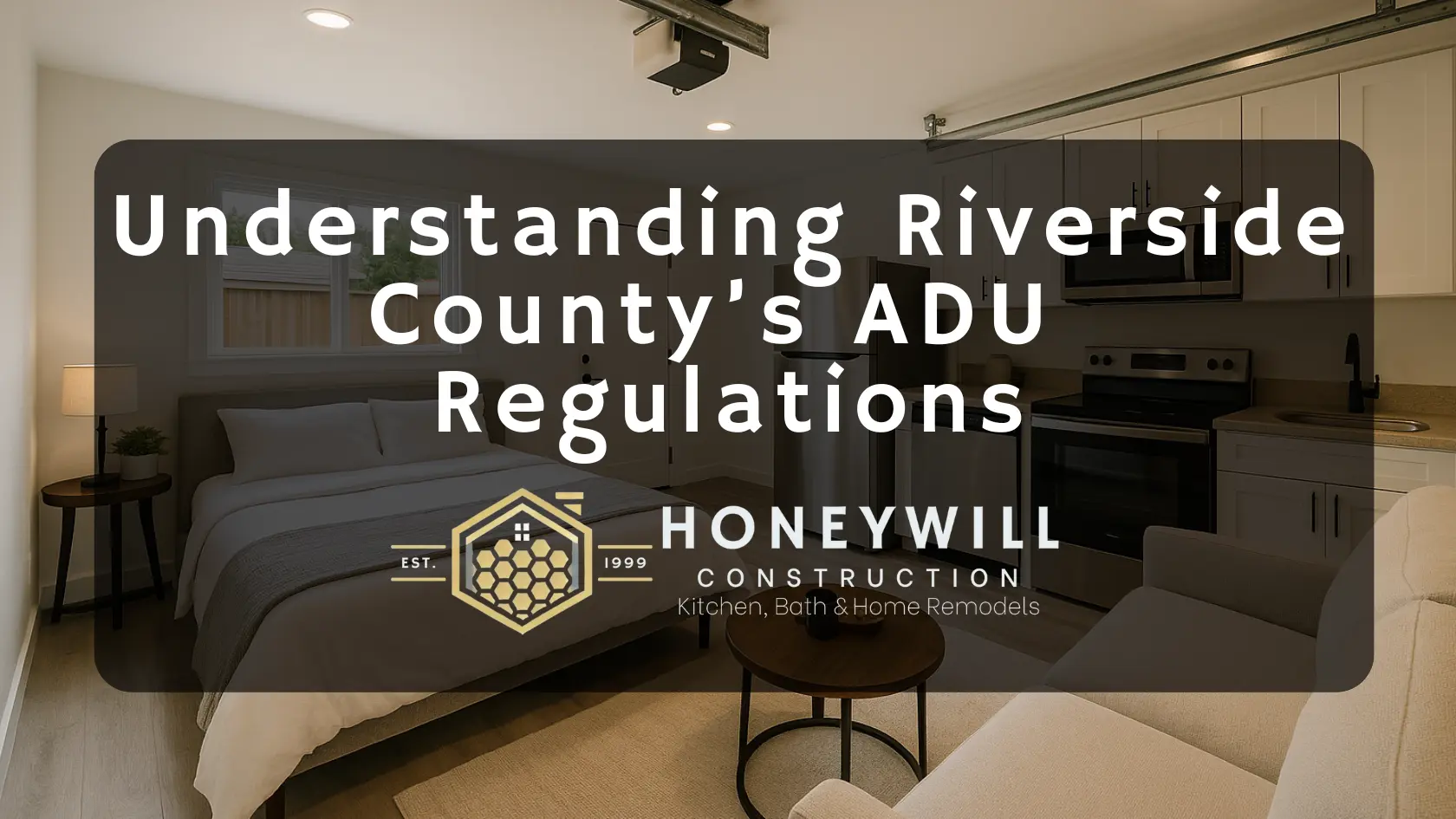 Interior of modern garage-converted ADU with kitchen and bedroom in Riverside County, CA