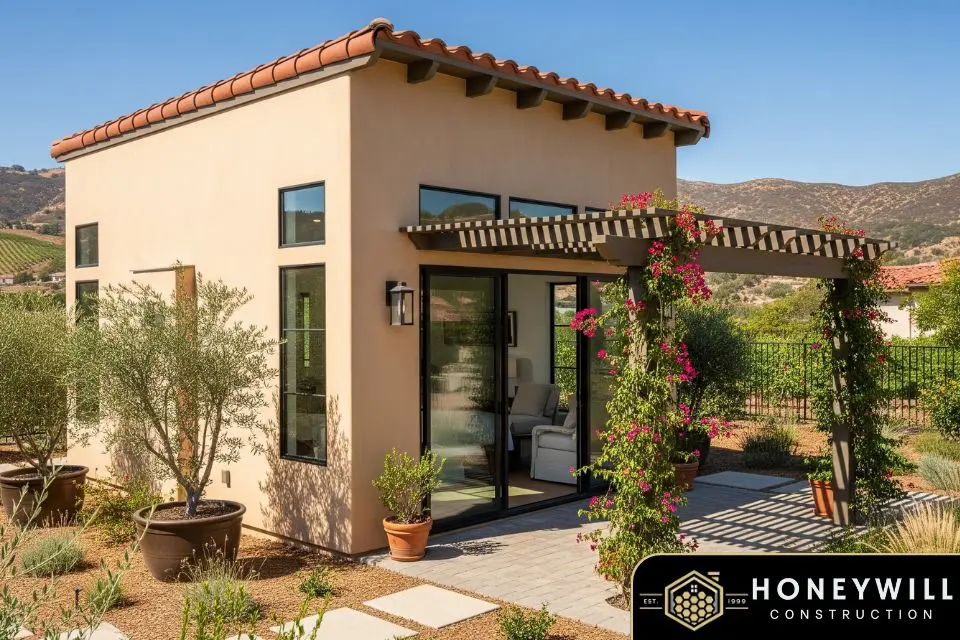 Modern detached ADU with tile roof and pergola in Temecula, CA built by Honeywill Construction
