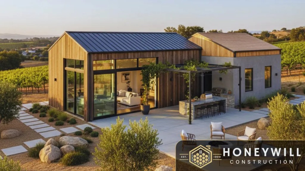 Modern detached ADU with wood and glass exterior in Riverside County built by Honeywill Construction, a trusted local ADU builder.